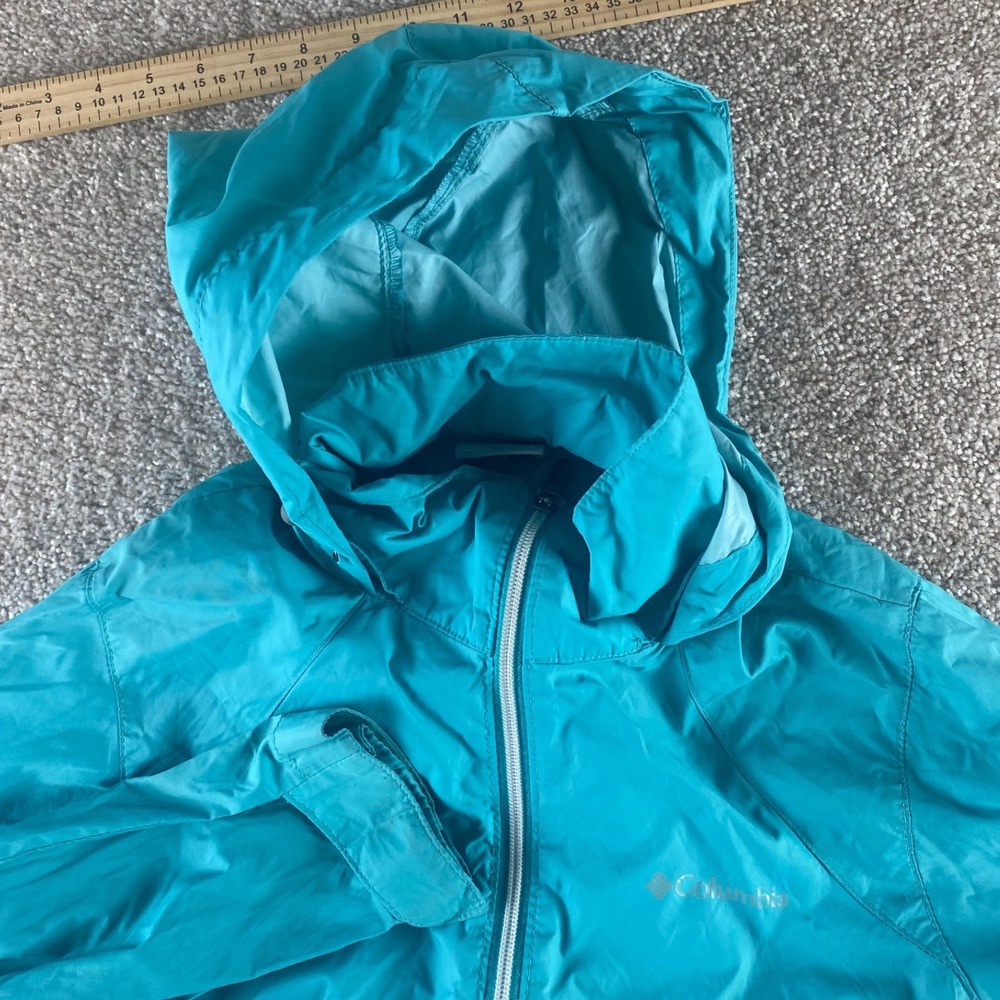 Columbia Women Small Teal Blue Full Zip Hooded Windbreaker Vented Preppy Jacket